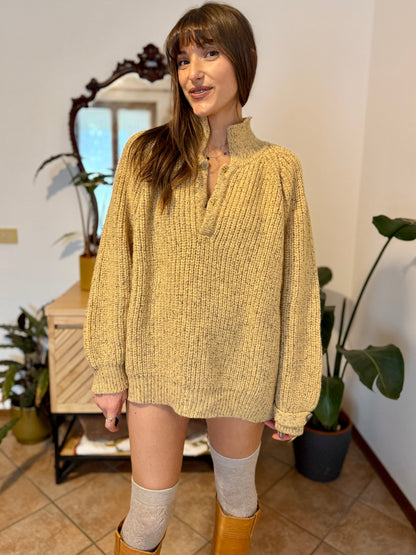 1970's vintage yellow thick knit wool pullover with grey flecks throughout