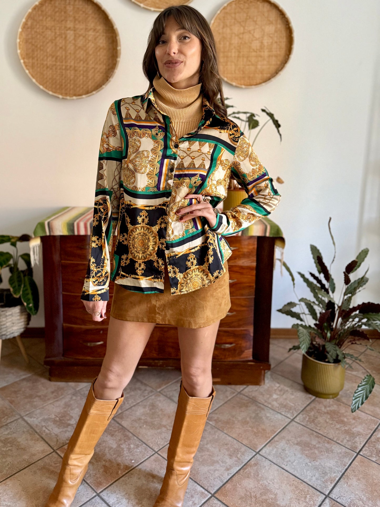 1990's vintage gold, green and yellow satin tassel print blouse