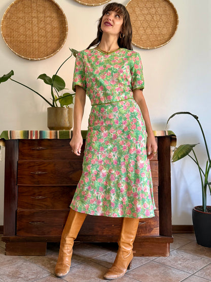 1960’s vintage semi sheer green, pink and white textured floral print midi dress
