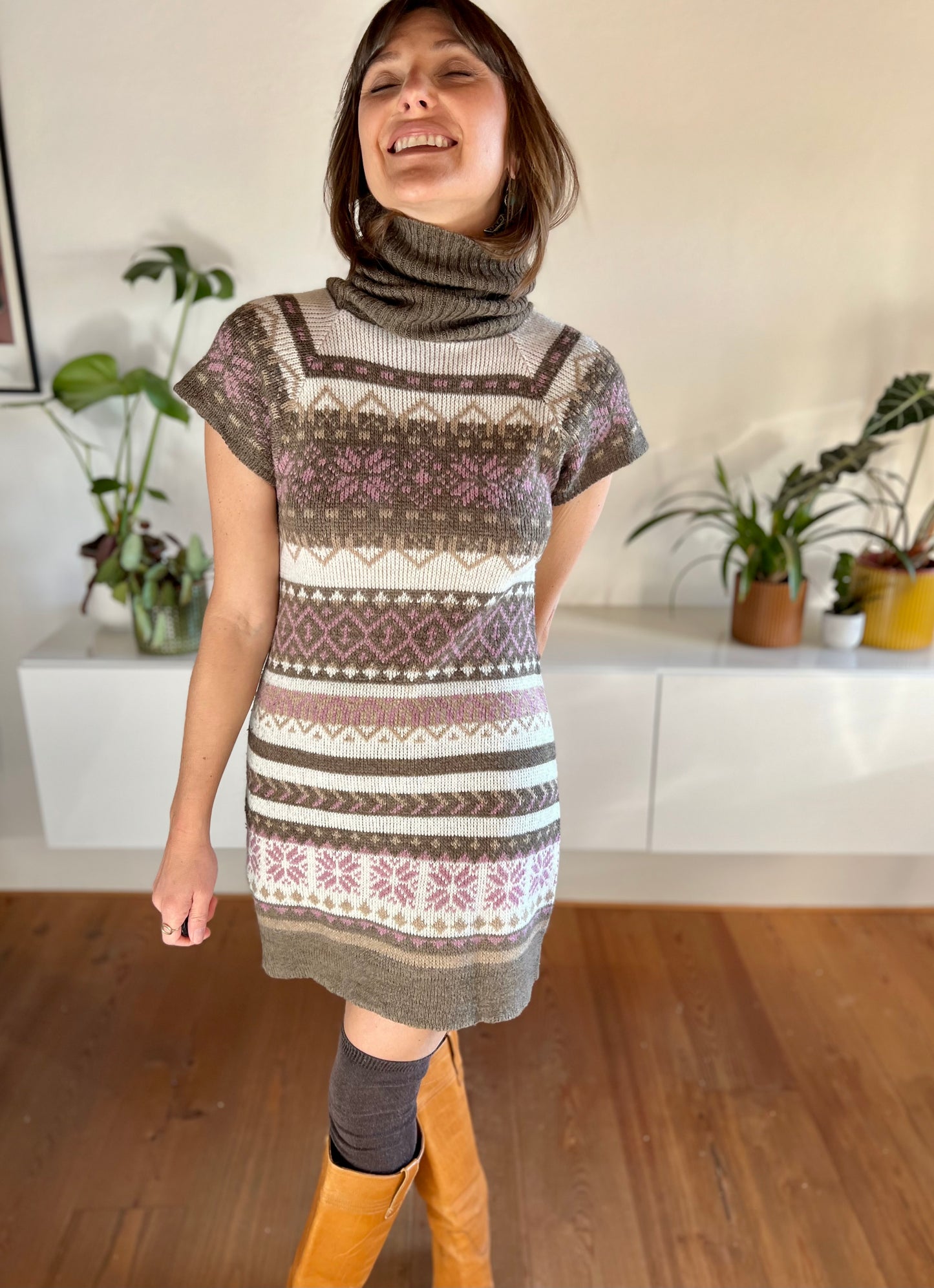 1990's vintage pink and brown geometric knit turtleneck mini dress