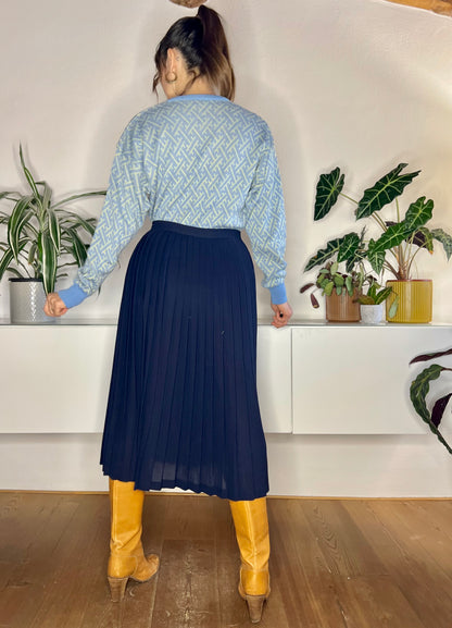 1970's vintage navy blue wool blend pleated midi skirt