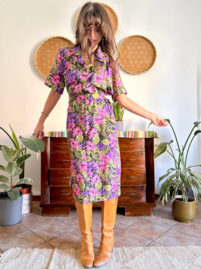 1960’s vintage, pink purple and green floral midi dress with matching belt