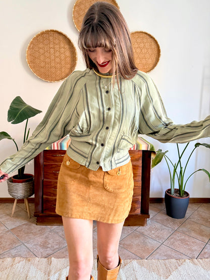 1970's vintage multi tonal vertical stripe green blouse