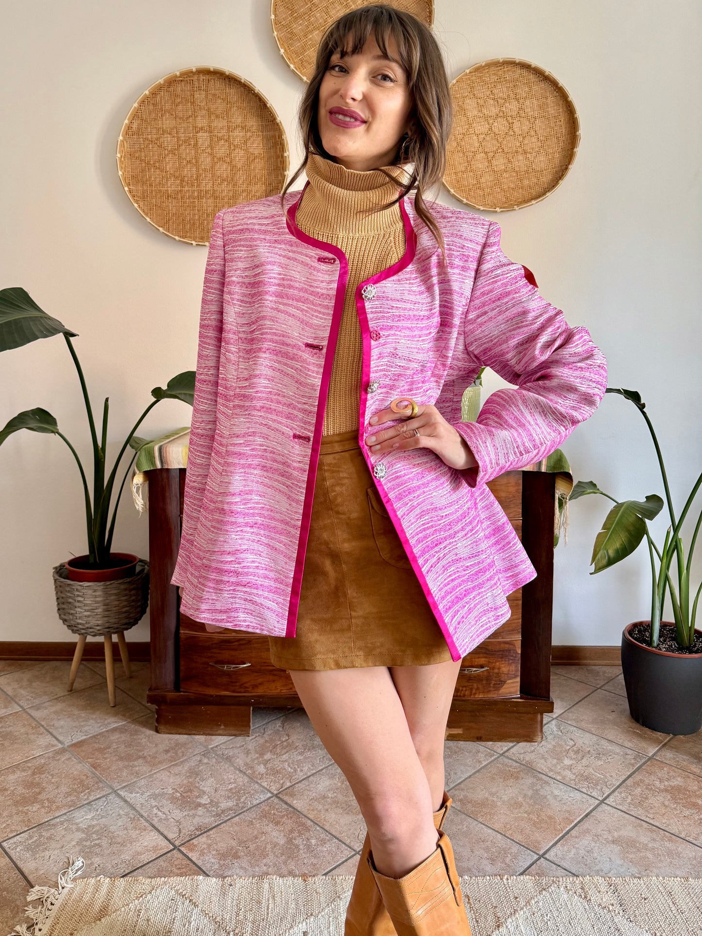 1980’s vintage fuchsia and cream textured woven jacket with rhinestones stone buttons