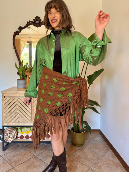 1970’s vintage chocolate brown and green knit shawl with fringe trim
