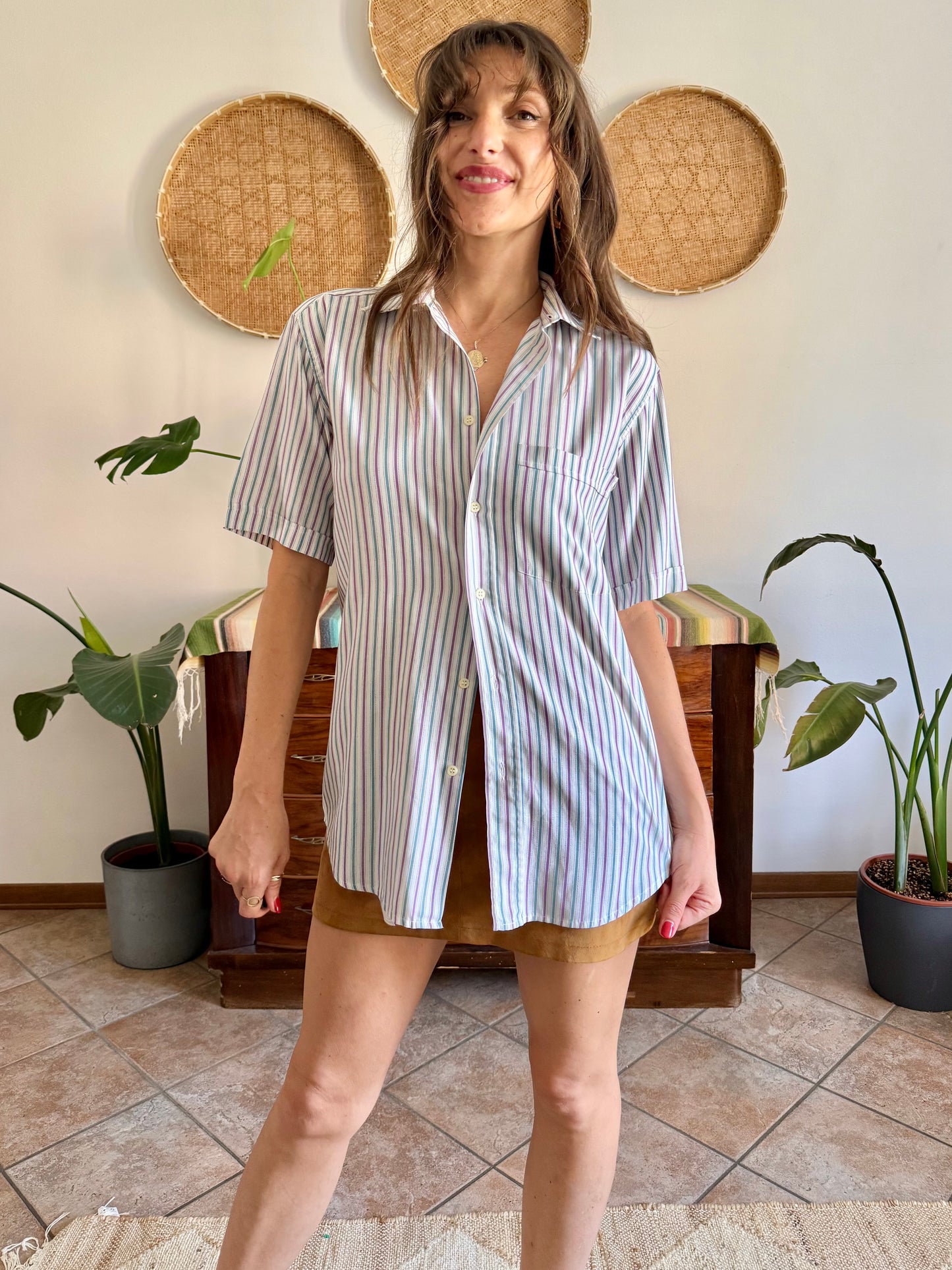 1970’s vintage lavender, turquoise and cream vertical stripe shirt