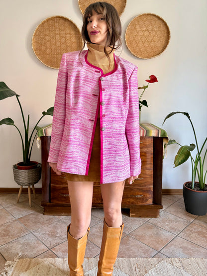 1980’s vintage fuchsia and cream textured woven jacket with rhinestones stone buttons