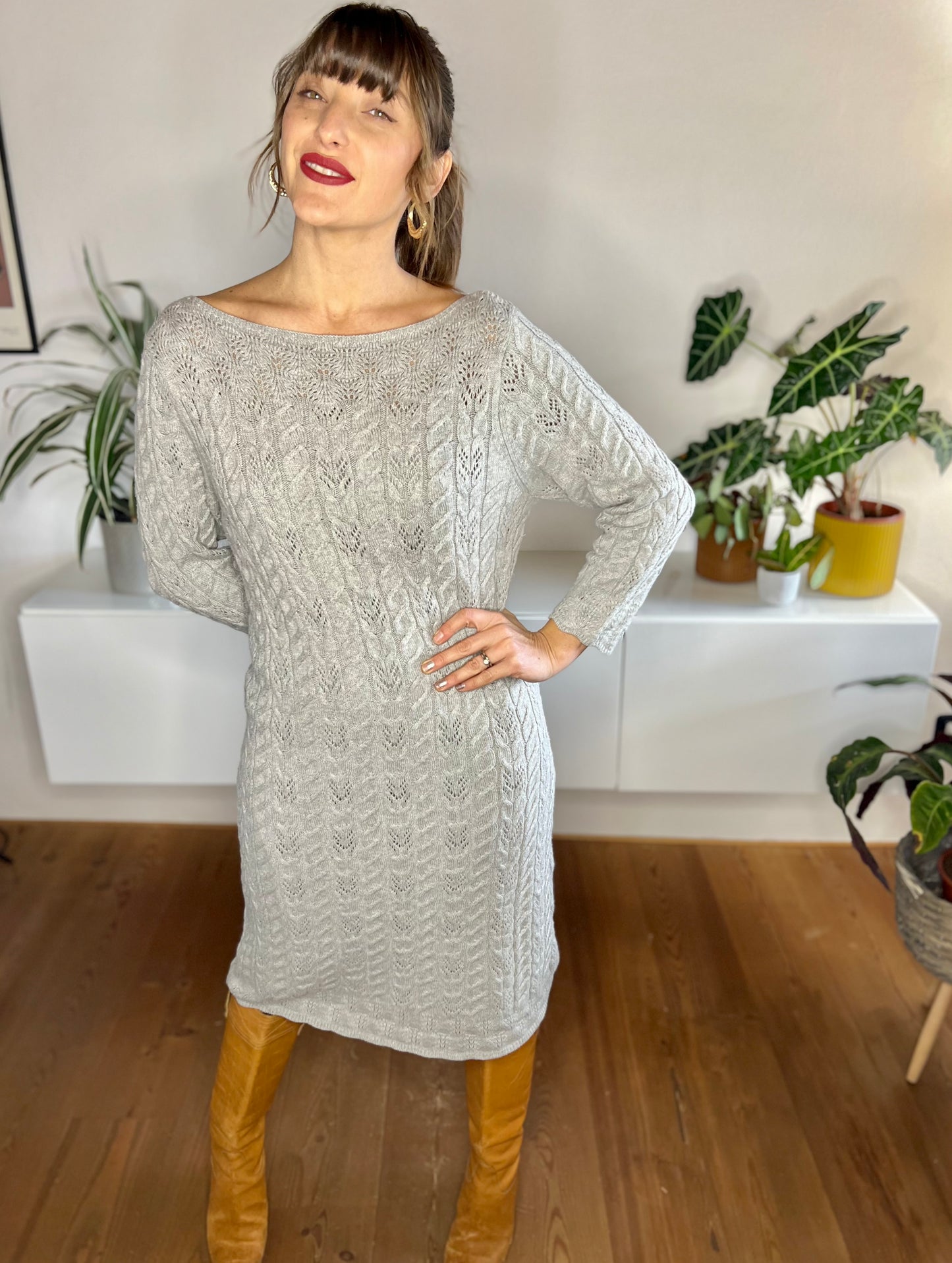 1990's vintage grey wool cable knit midi dress