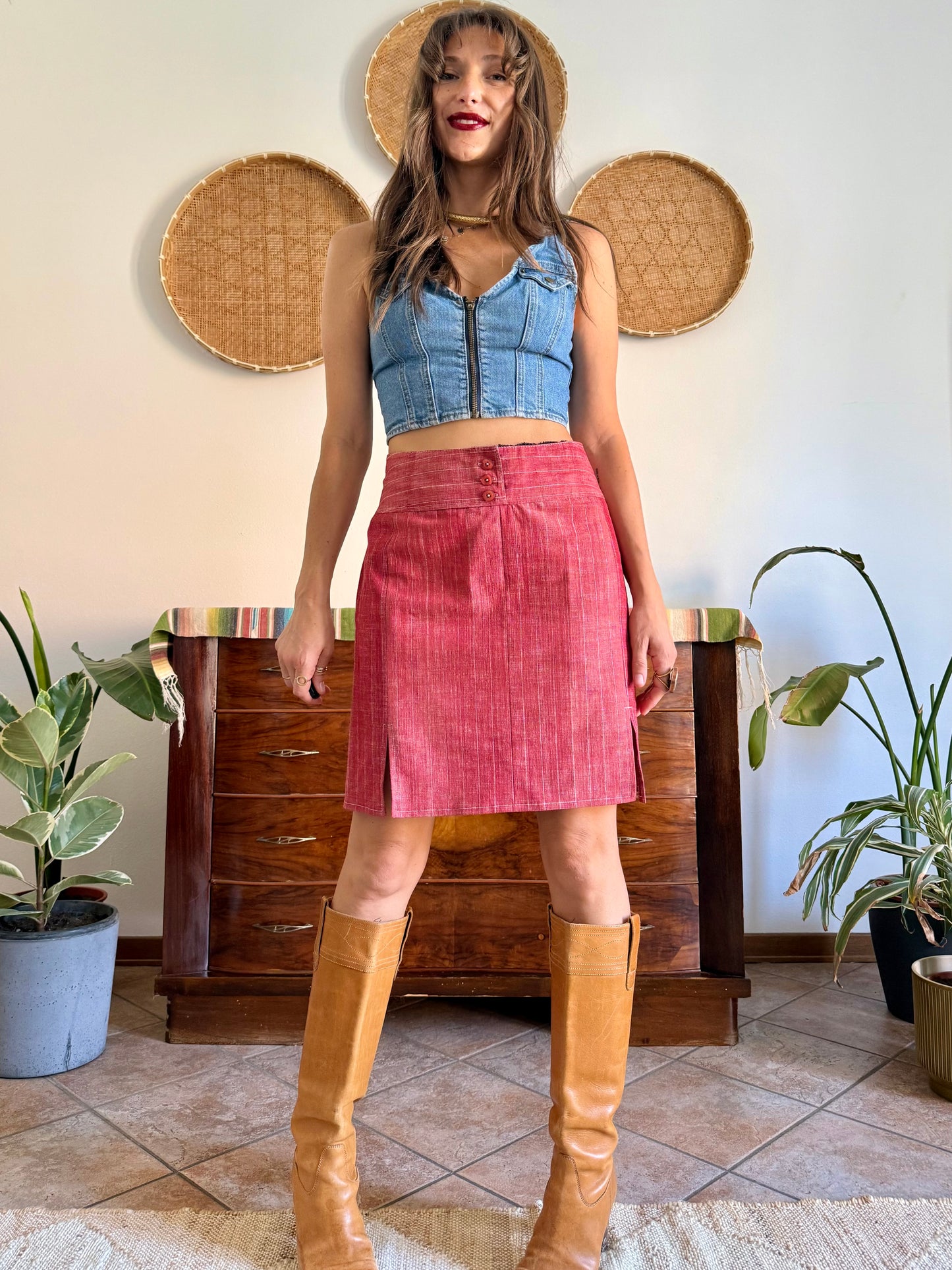 1990's vintage red and white pin stripe textured mini skirt