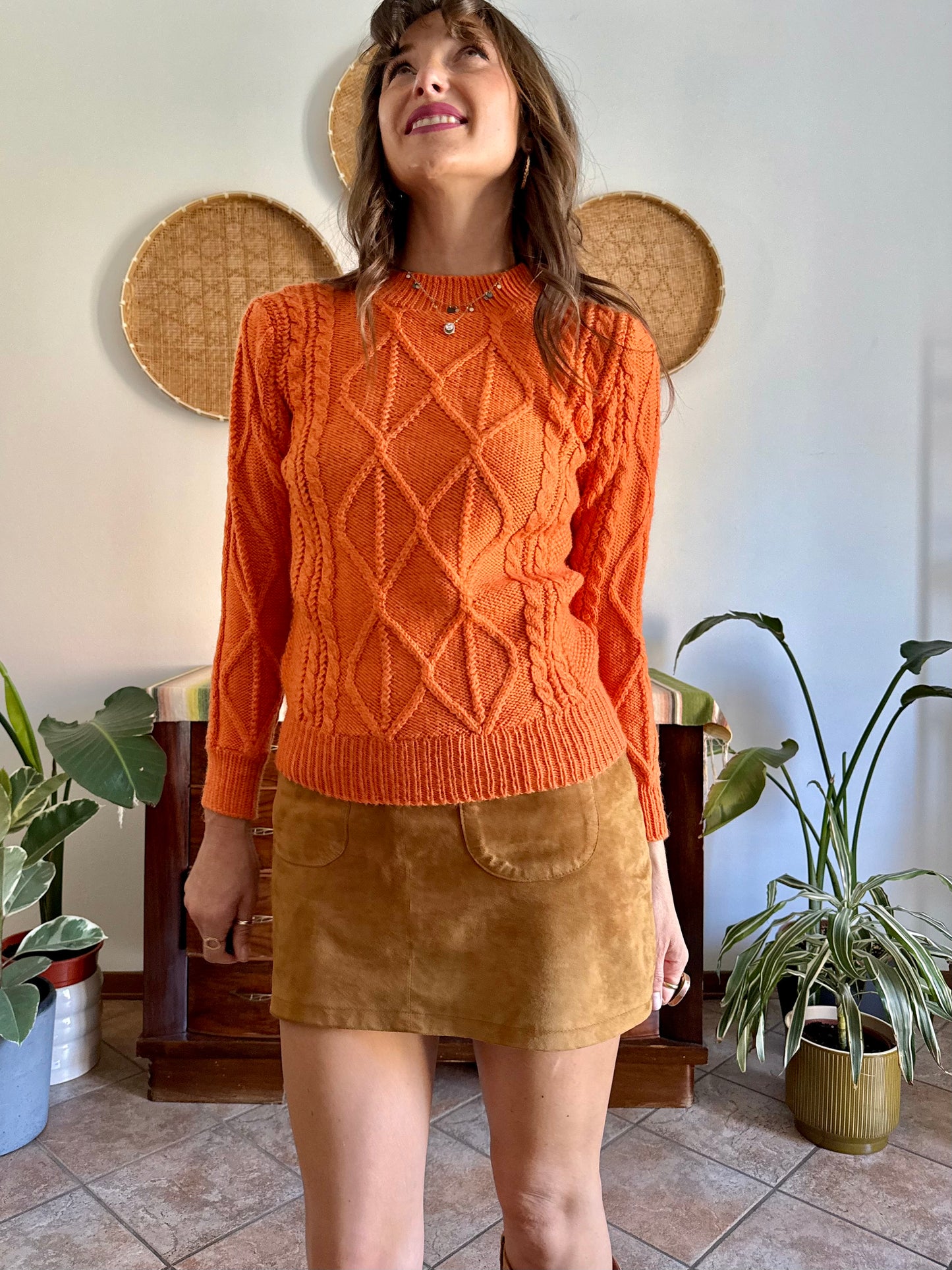 1970's vintage orange wool mock neck cable knit pullover