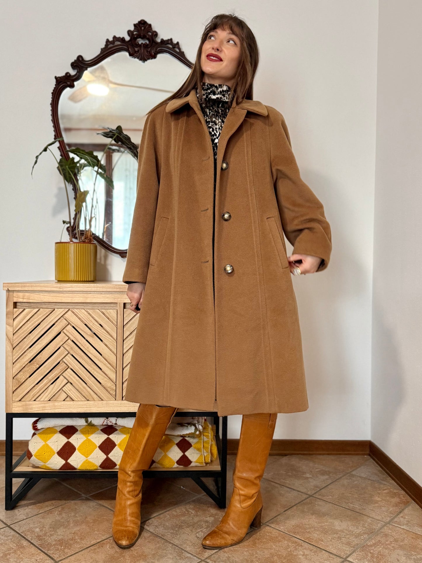 1970’s vintage tan wool overcoat with oversize button details