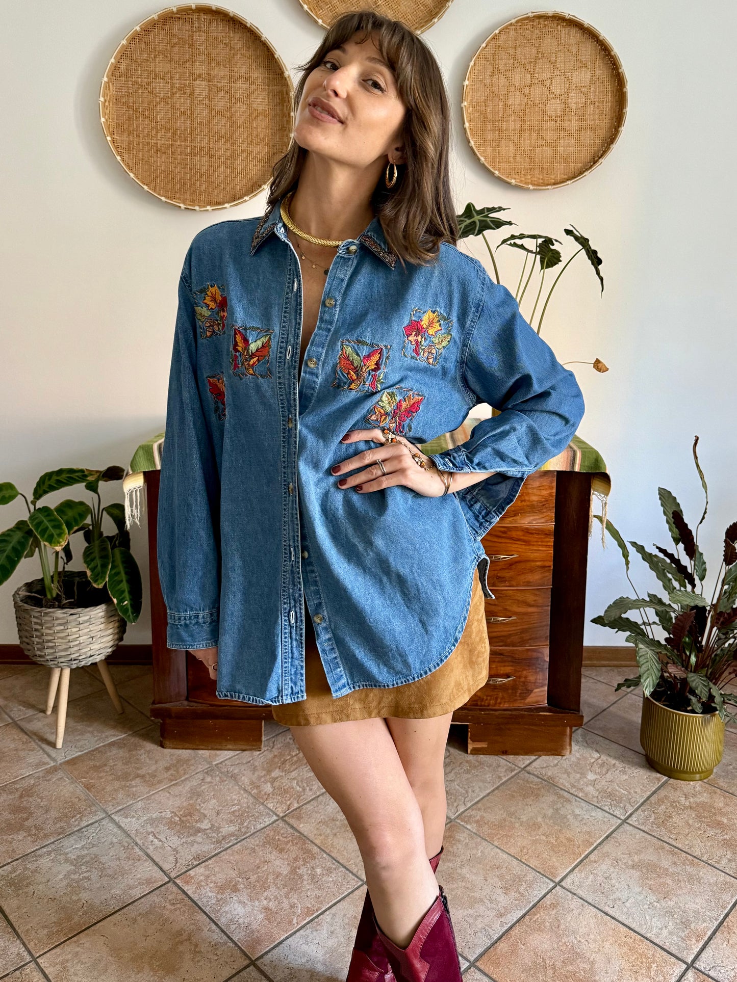 1990's vintage denim shirt with red, yellow and green embroidered autumn leaves