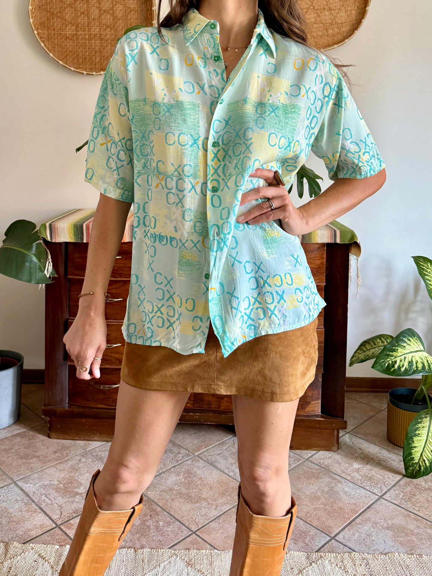 1990’s vintage yellow, teal and turquoise geometric print top