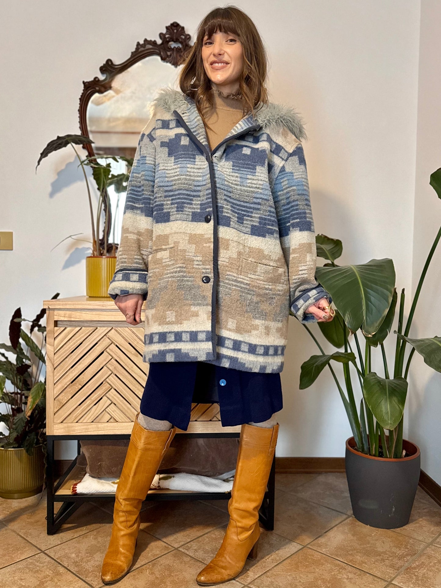 1990's vintage blue and tan Aztec pattern wool coat