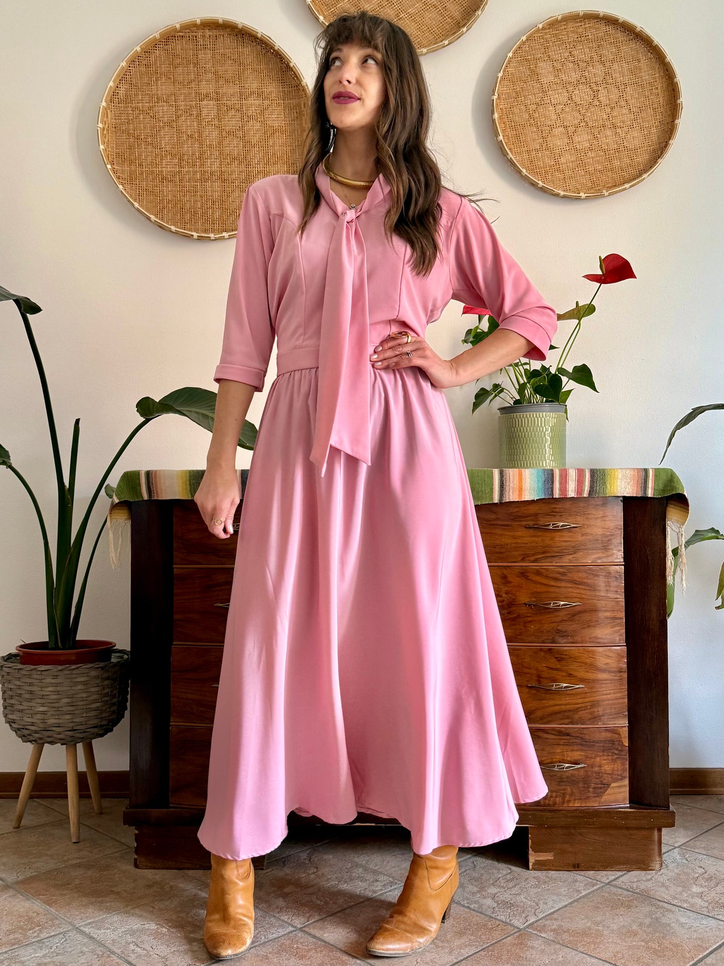 1970’s vintage pink maxi dress with bow tie collar
