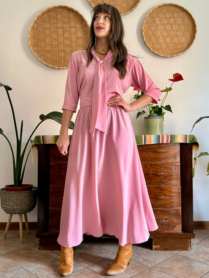 1970’s vintage pink maxi dress with bow tie collar