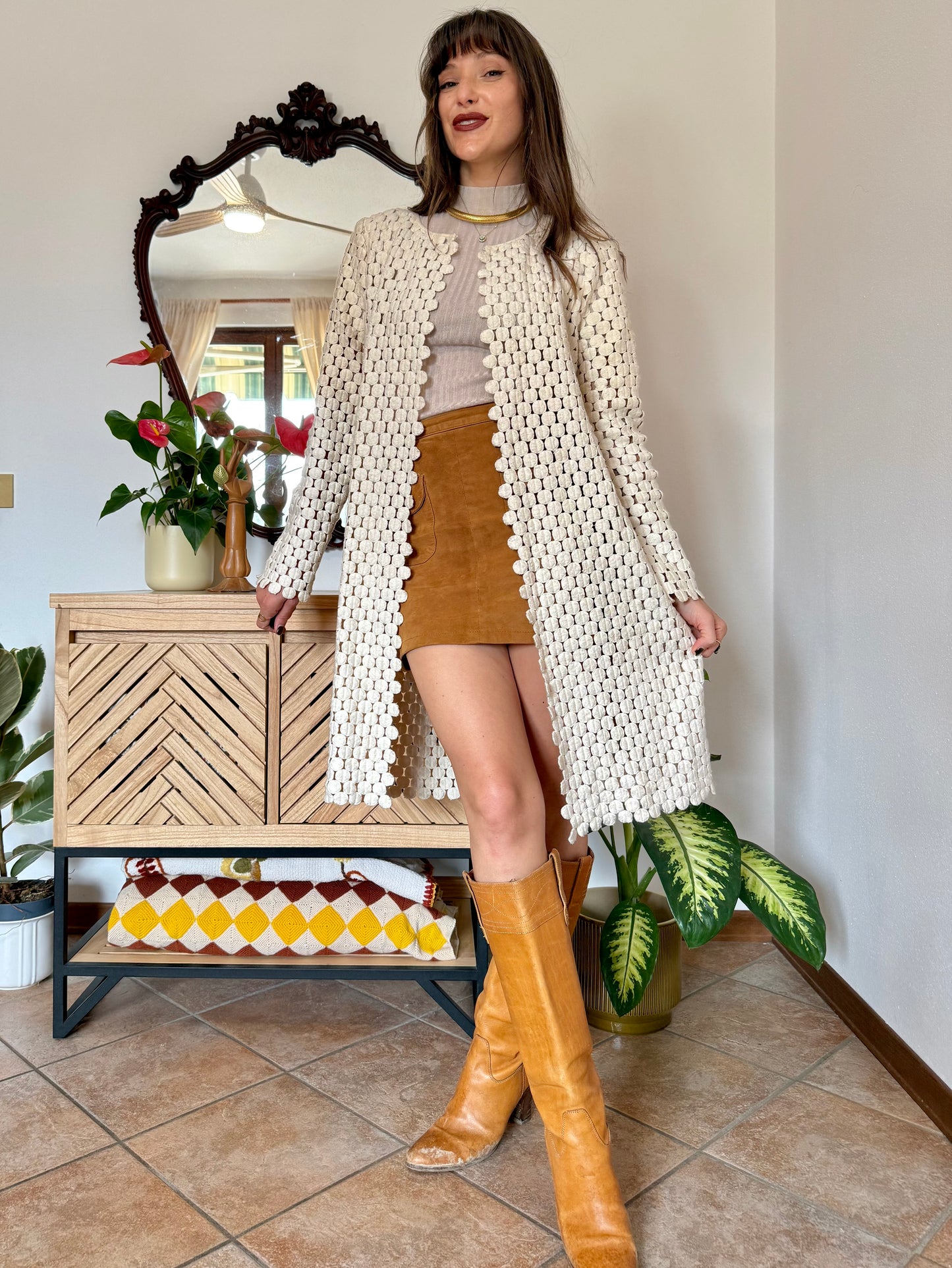 1970’s vintage cream crochet polka dot coat