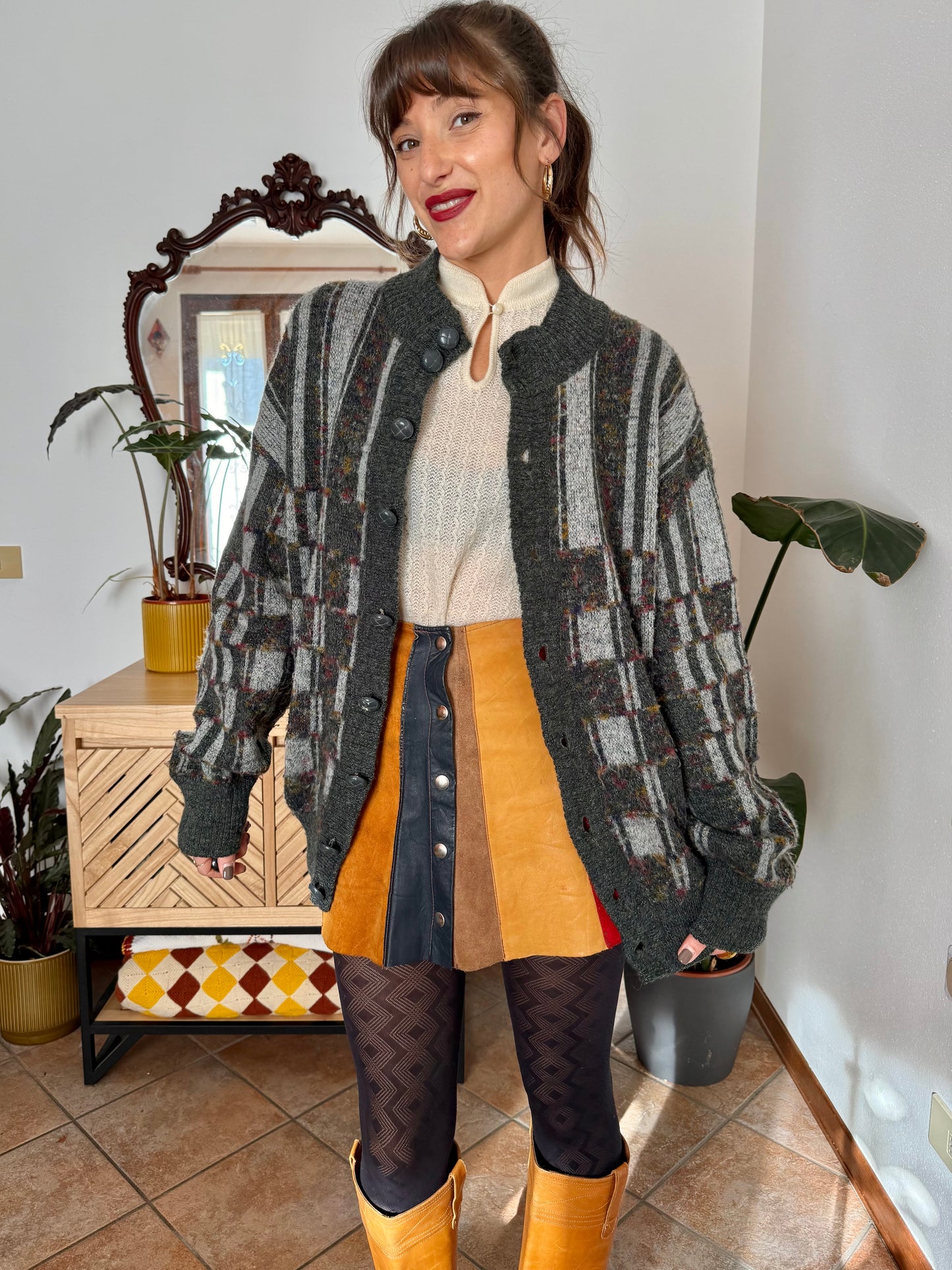 1970’s vintage grey cardigan with burgundy and yellow knit geometric pattern