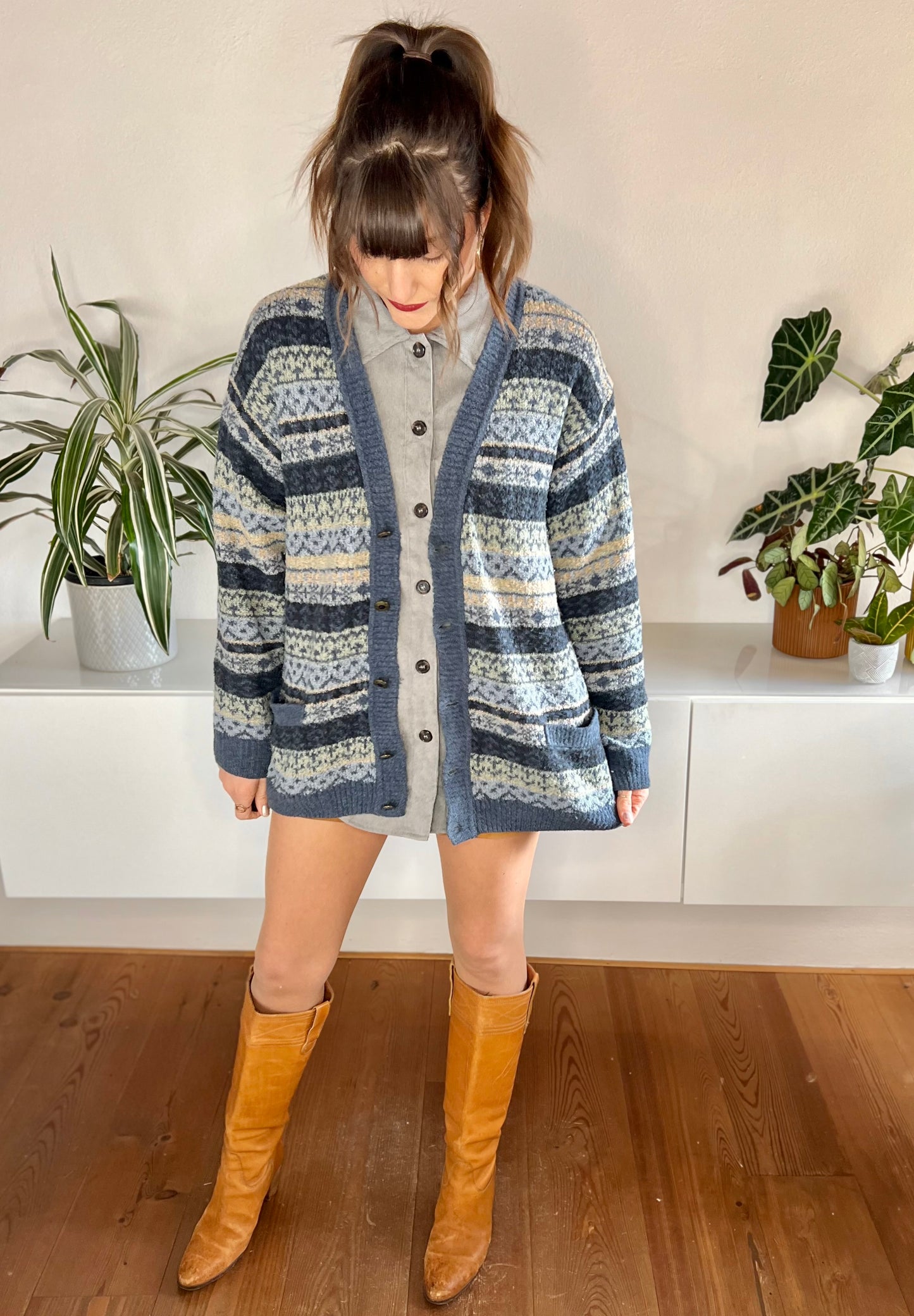 1970's vintage oversize blue and cream stripe cardigan