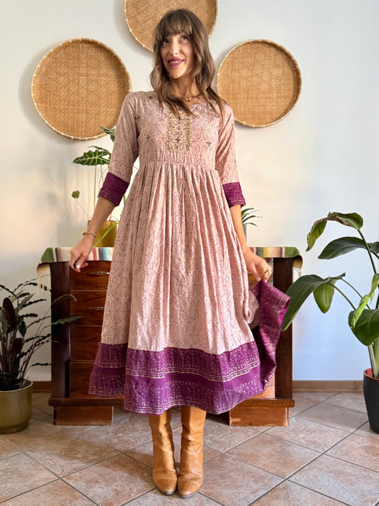 1970's vintage lilac midi dress with gold and purple geometric pattern and glass bead detailing