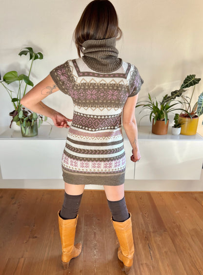 1990's vintage pink and brown geometric knit turtleneck mini dress