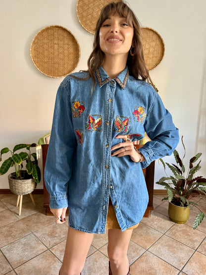 1990's vintage denim shirt with red, yellow and green embroidered autumn leaves