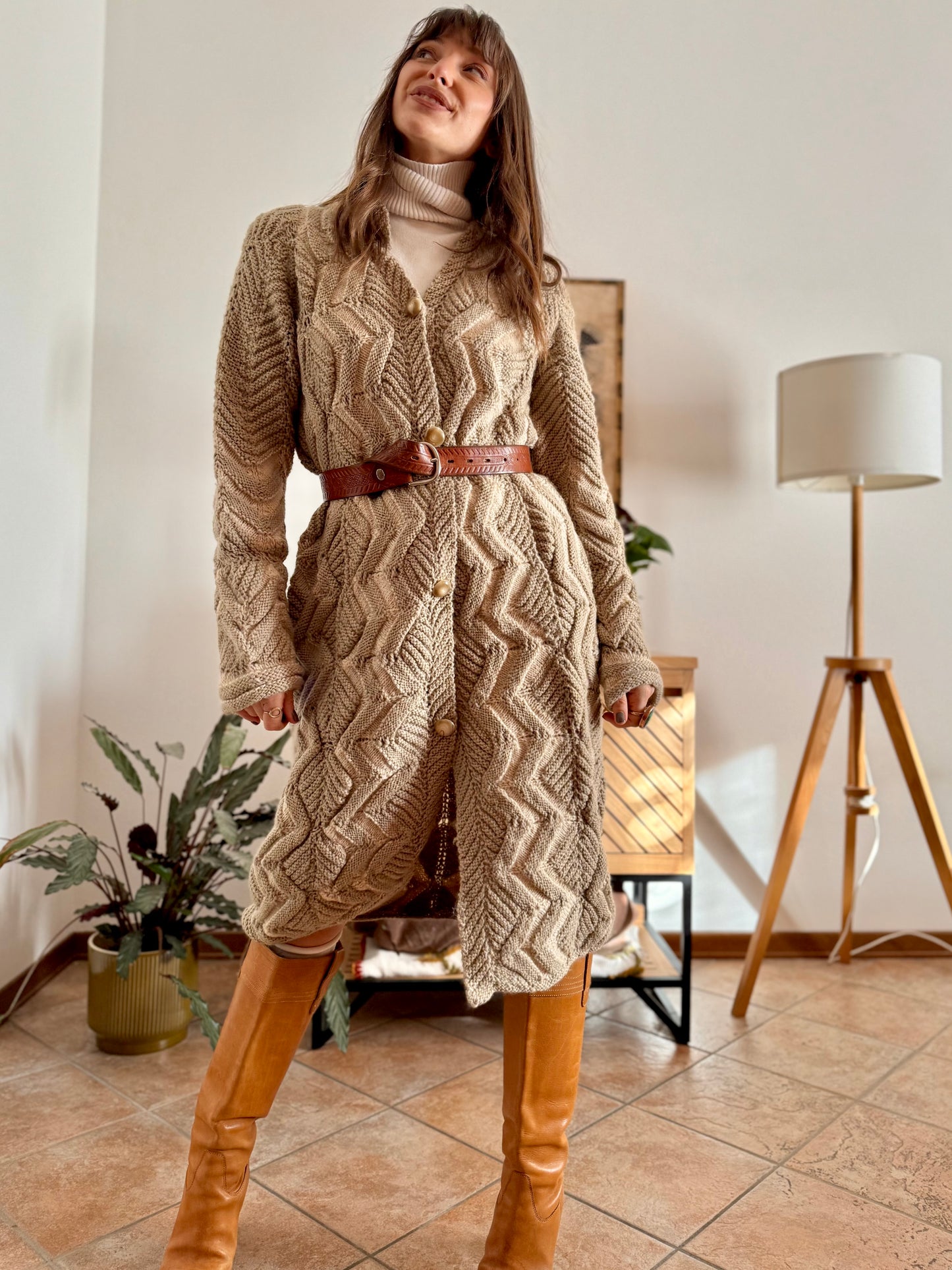 1970's vintage beige and cream chevron knit wool button down midi dress