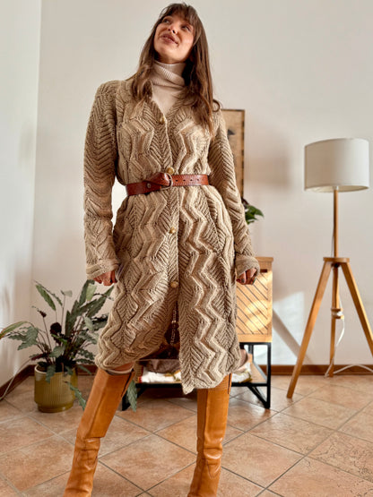 1970's vintage beige and cream chevron knit wool button down midi dress