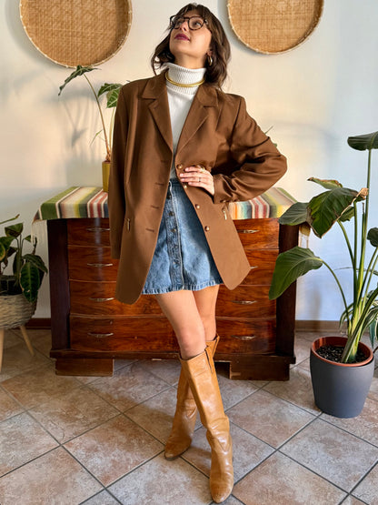 1970's vintage chocolate brown oversize wool jacket with gold metal details