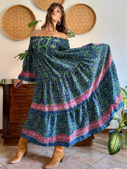 1970’s vintage green, blue and pink silk floral prairie maxi dress with bell sleeves