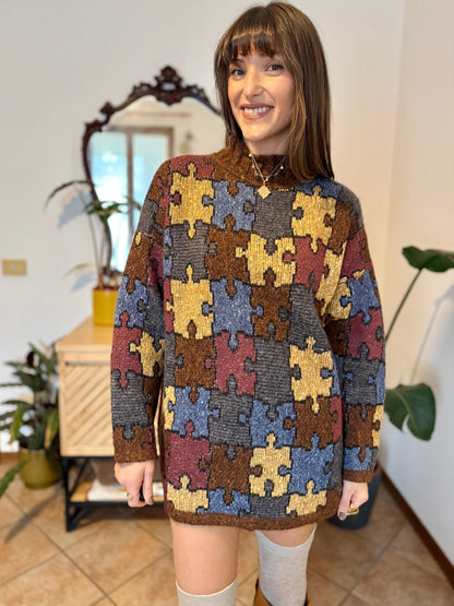 1970's vintage chocolate brown, yellow, blue and burgundy puzzle pattern knit wool pullover