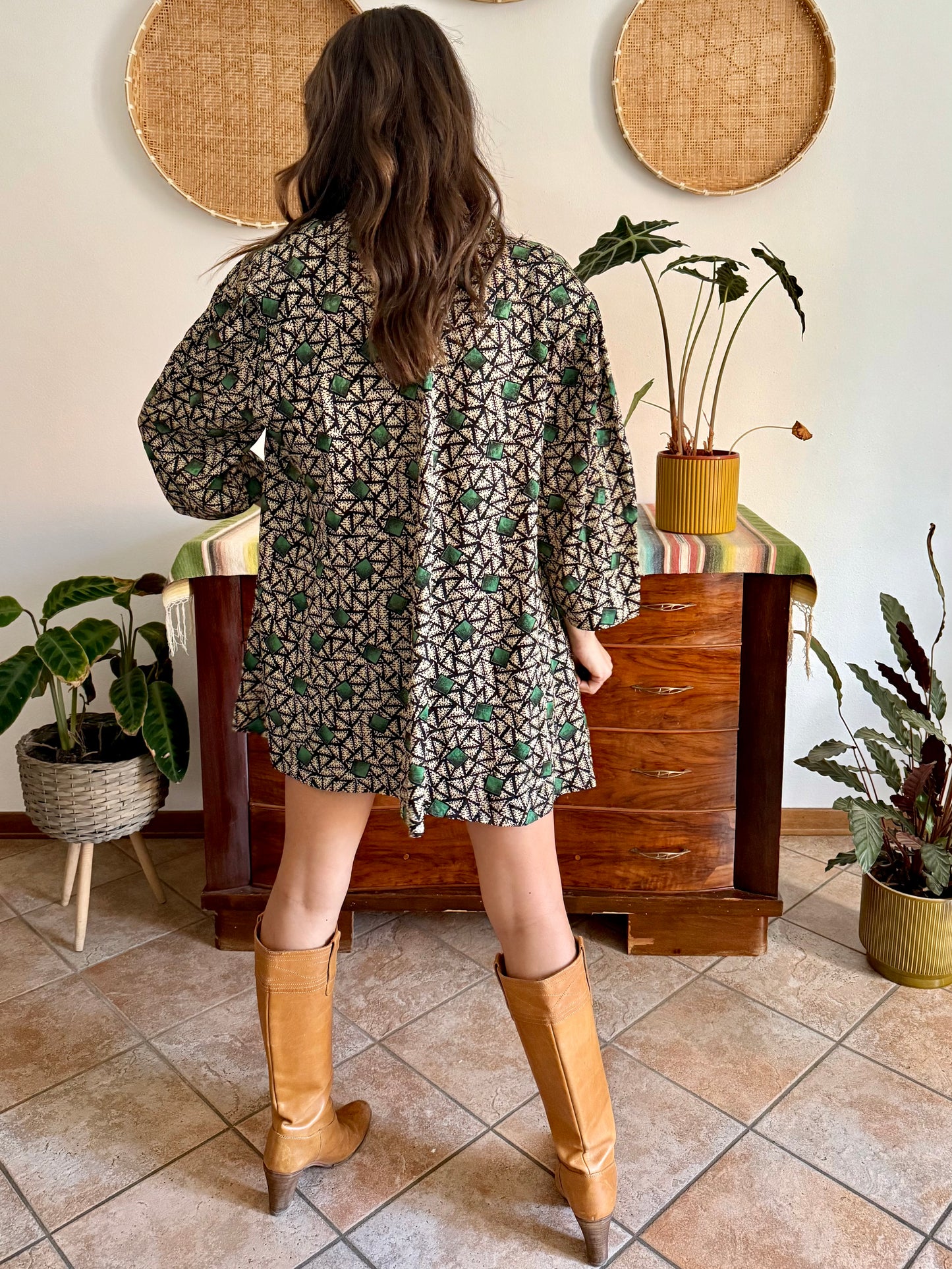 1970's vintage tan, black and green geometric print satin jacket