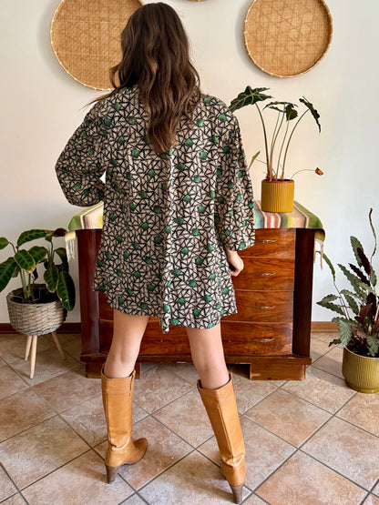 1970's vintage tan, black and green geometric print satin jacket