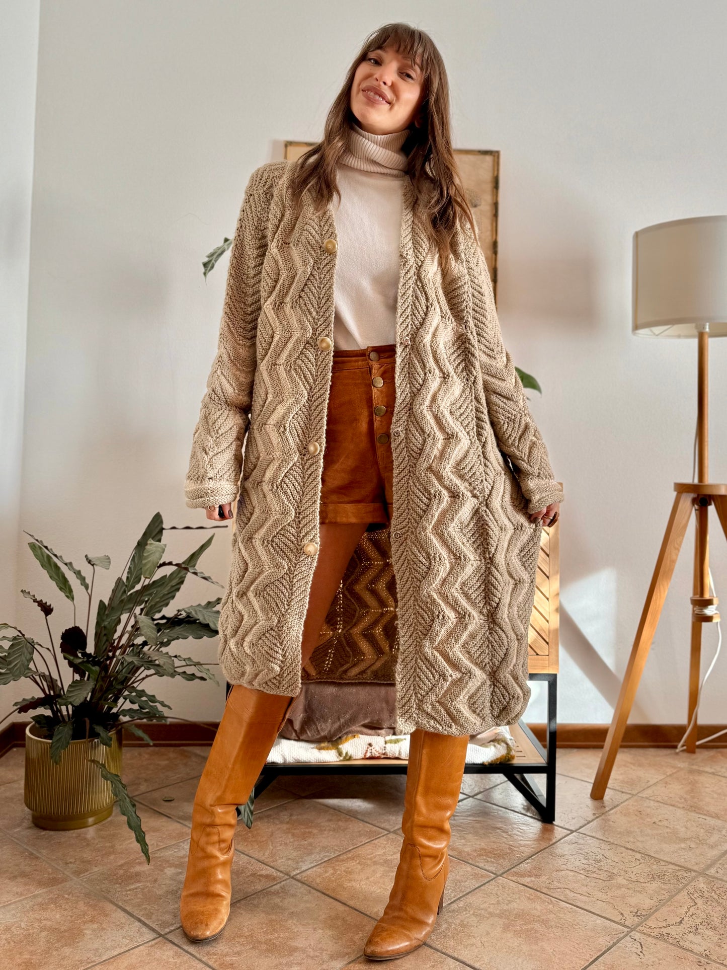 1970's vintage beige and cream chevron knit wool button down midi dress