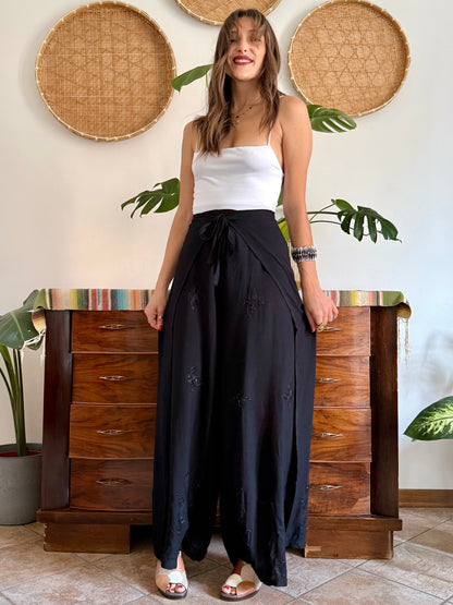 1990’s vintage black adjustable tie wide leg trousers with floral embroidery and sequin detailing