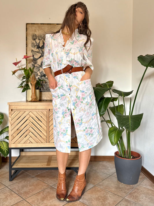 1970’s vintage white prairie midi dress with multicolor floral print and eyelet lace collar