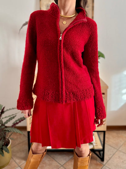 1990’s vintage textured cherry red knit zip up cardigan