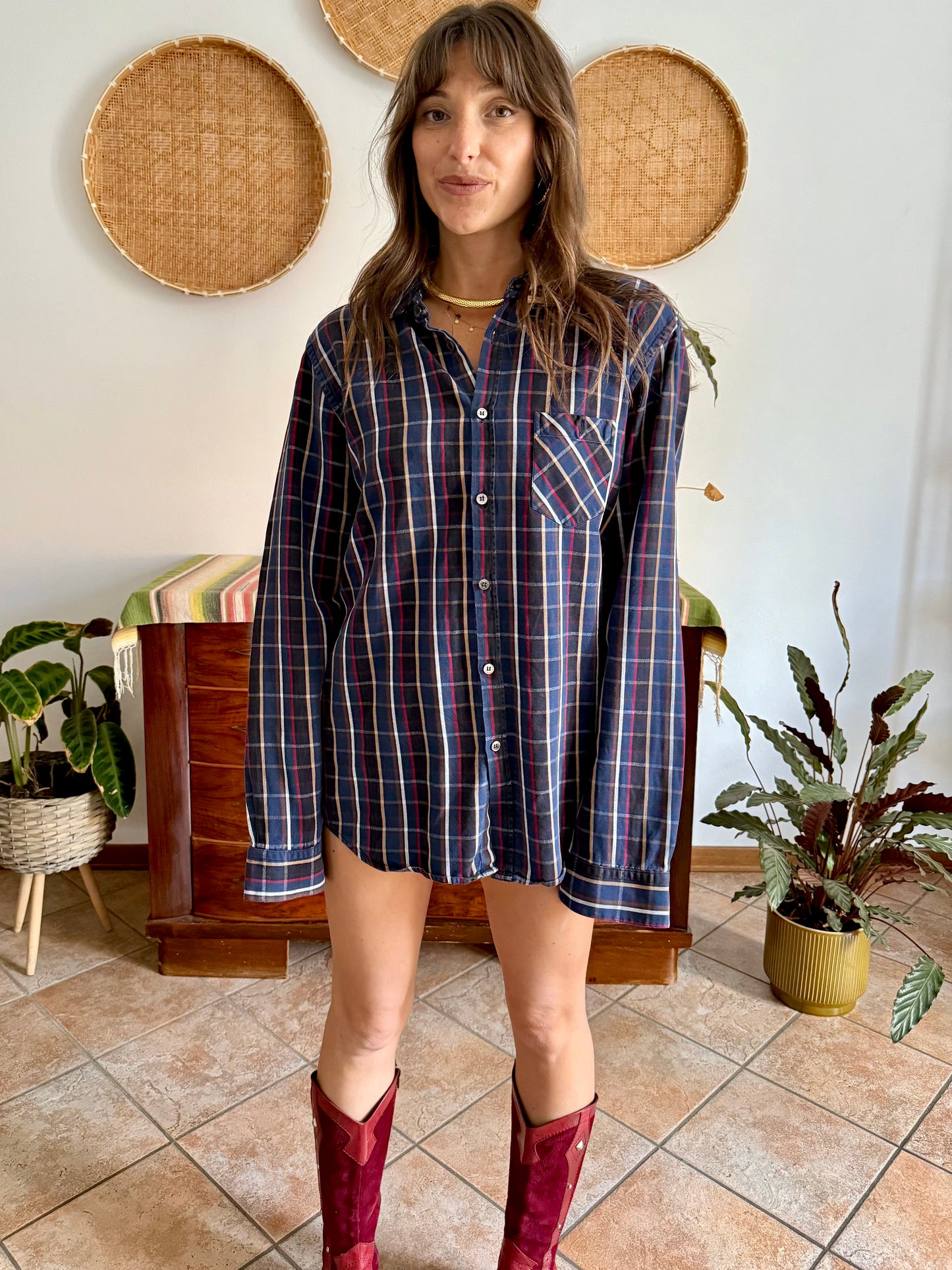 1970's vintage navy blue and chocolate brown plaid shirt