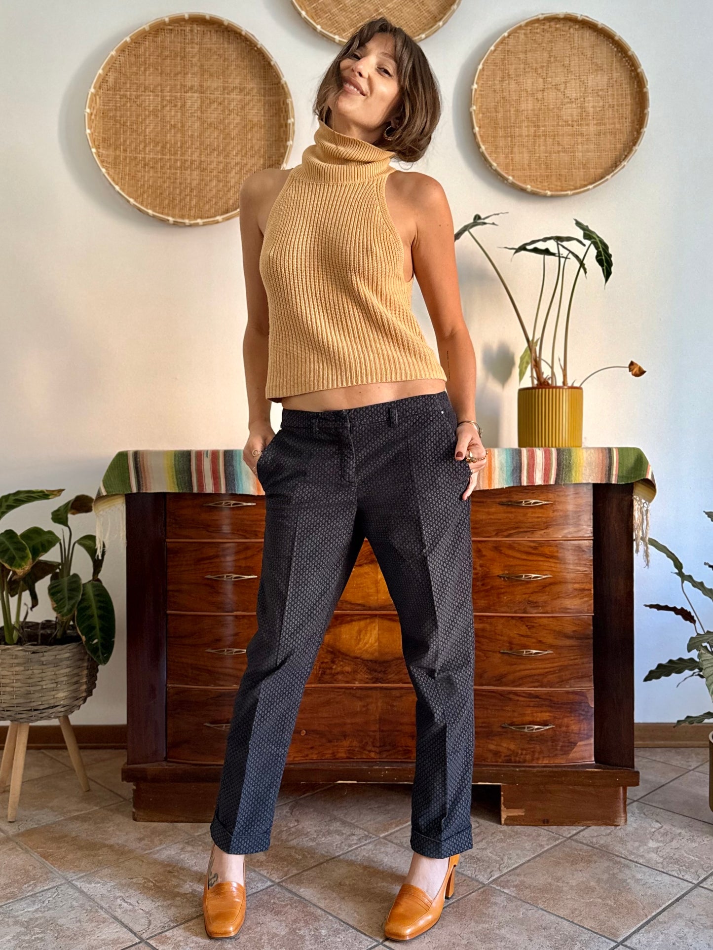 Y2k vintage black and light blue geometric print velvet trousers