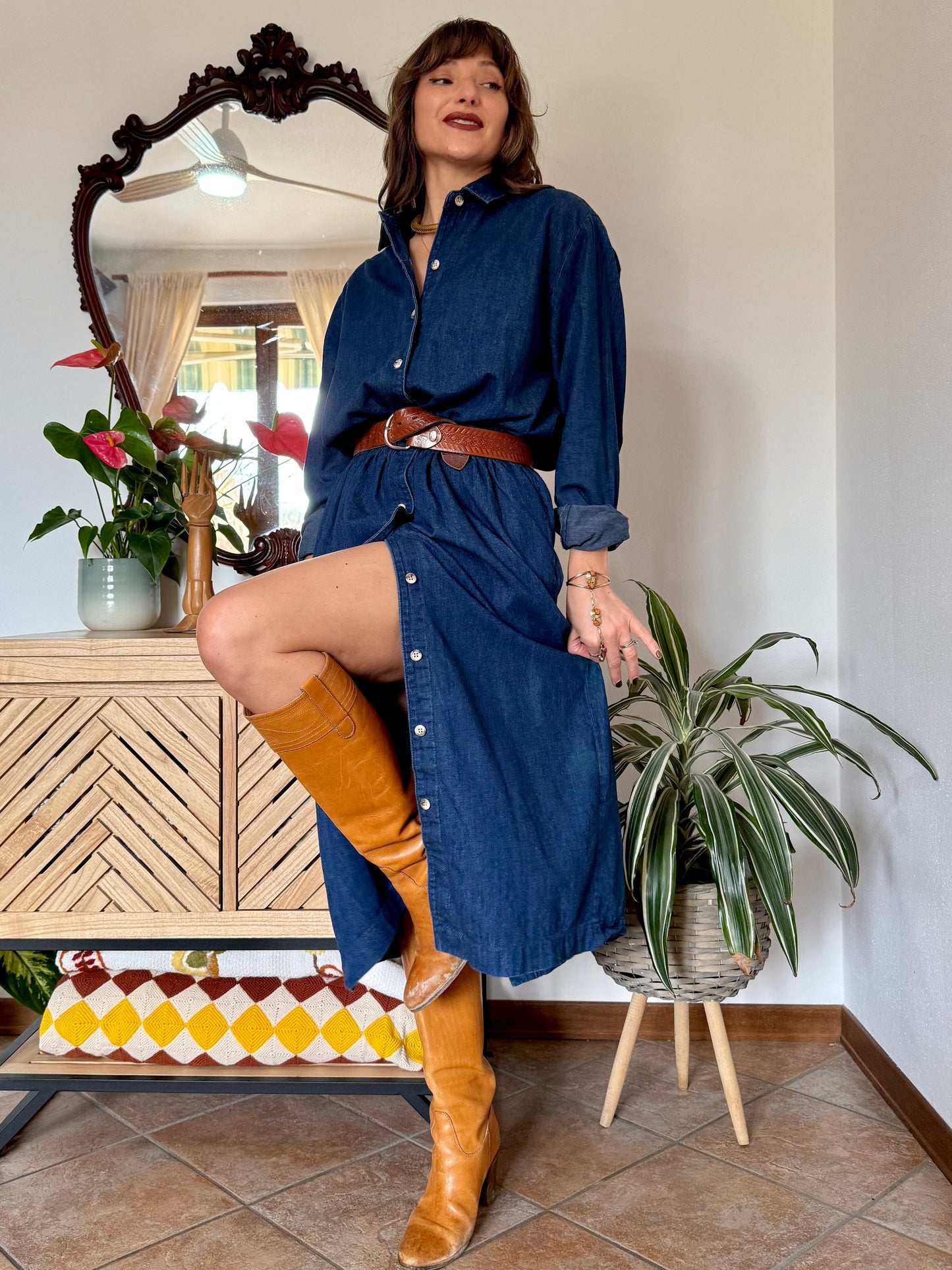 1970's vintage dark blue denim maxi dress