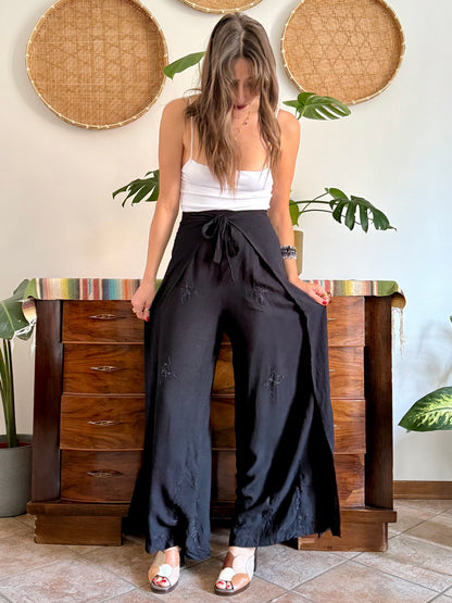 1990’s vintage black adjustable tie wide leg trousers with floral embroidery and sequin detailing