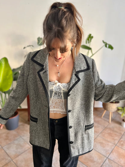 1990's vintage grey tweed oversize blazer with black trim