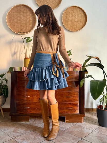 1990's vintage western ruffle denim mini skirt with tan details