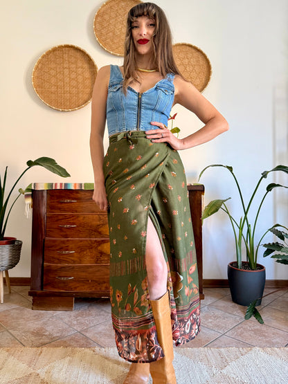 1990's vintage olive green, brown and dark orange floral wrap maxi skirt
