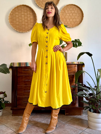 1960’s vintage canary yellow button down midi dress with black crochet detailing