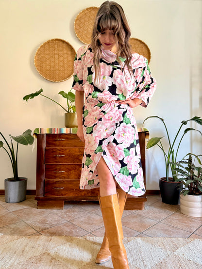 1960’s vintage pink, green and black silk floral print dress