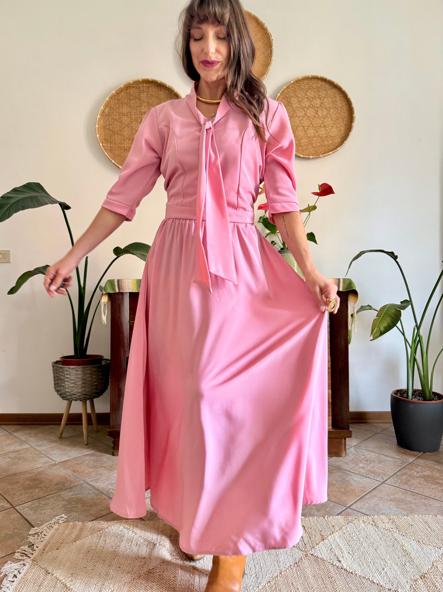 1970’s vintage pink maxi dress with bow tie collar