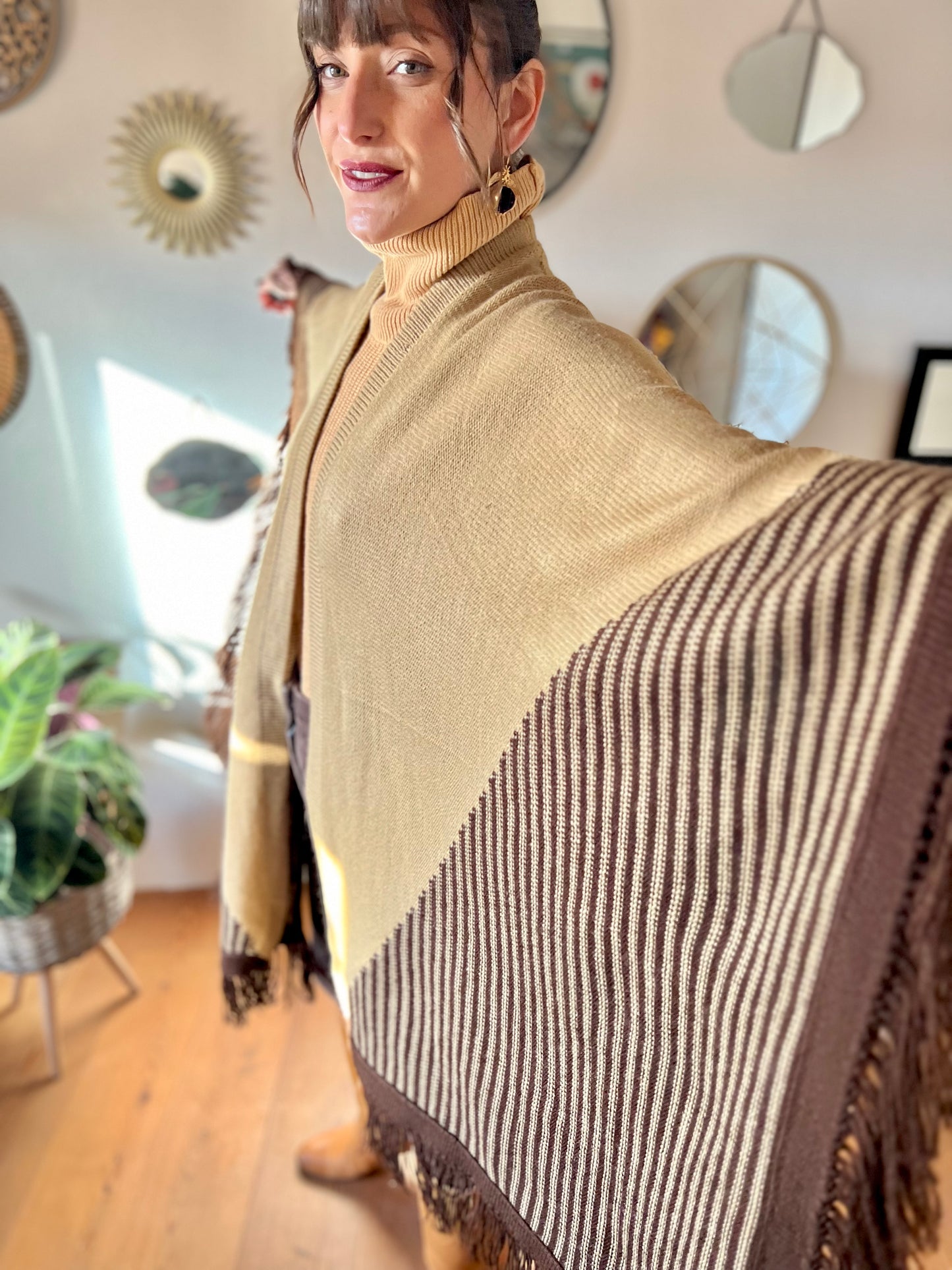 1970's vintage hand knit tan and chocolate brown geometric knit poncho with fringe detail