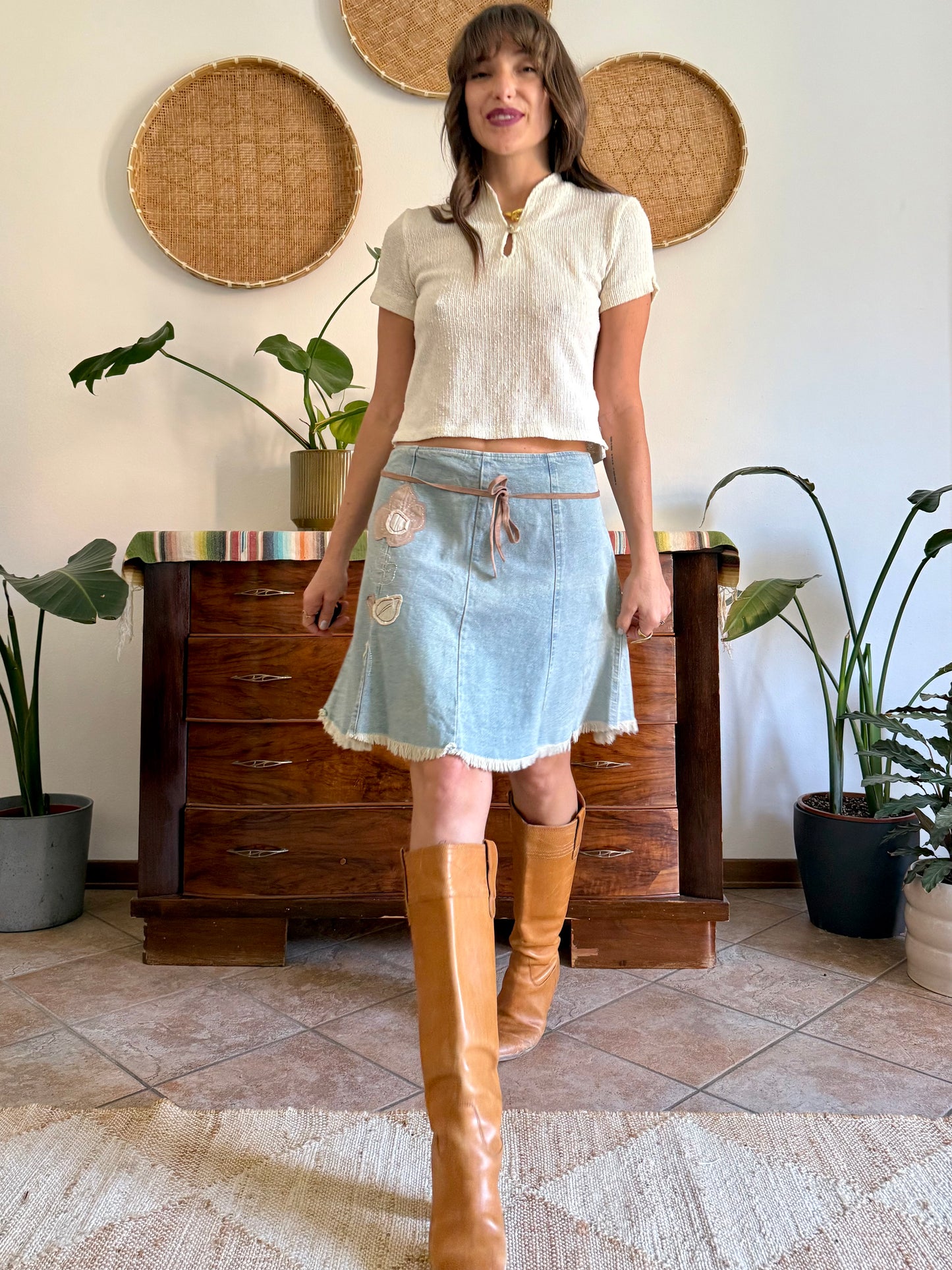 Y2K vintage denim skirt with beige floral patch detailing