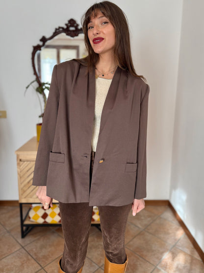 1970's vintage dark khaki brown oversize blazer with pleated shoulder details
